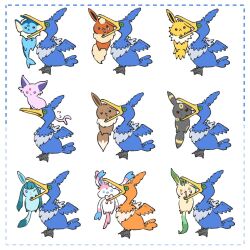  bird black_eyes blue_eyes brown_eyes closed_mouth colored_sclera commentary_request cramorant eevee espeon flareon glaceon green_eyes jolteon leafeon no_humans on_head one_eye_closed open_mouth pokemon pokemon_(creature) pokemon_focus red_sclera simple_background sylveon tears umbreon upiupisyo vaporeon violet_eyes white_background 