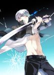  1boy cowboy_shot crack grey_eyes katana kuroemon looking_at_viewer narukami_yuu navel open_clothes open_shirt persona persona_4 school_uniform short_hair silver_hair solo sword toned weapon 