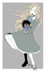  1girl ascot blonde_hair border collared_shirt commentary_request contrast_collar dress floating_hair flower full_body green_ascot green_background green_dress green_eyes green_shoes highres holding holding_stuffed_toy ib_(kouri) long_hair looking_at_viewer mary_(ib) open_mouth pale_skin petticoat rose saranheyo_onigiri shirt shoes solo standing stuffed_toy white_border wide-eyed yellow_flower yellow_rose 
