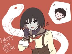  >_< 1girl :d artist_name bakemonogatari black_eyes black_gloves black_hair black_shirt bob_cut breasts brown_sailor_collar brown_skirt chinese_zodiac choppy_bangs collared_shirt commentary cosplay covered_collarbone dress_shirt english_text gloves hair_between_eyes hand_up happy_new_year high-waist_skirt highres looking_at_viewer monogatari_(series) nanahyakuichi_middle_school_uniform neckerchief open_mouth oshino_ougi pale_skin raised_eyebrows red_background red_neckerchief sailor_collar school_uniform scrunchie sengoku_nadeko sengoku_nadeko_(cosplay) sennichikou/sagisou serafuku shirt short_hair signature simple_background skirt slit_pupils small_breasts smile snake solo speech_bubble spoken_character suspender_skirt suspenders turtleneck undershirt wavy_mouth white_scrunchie white_snake wrist_scrunchie year_of_the_snake yellow_shirt 