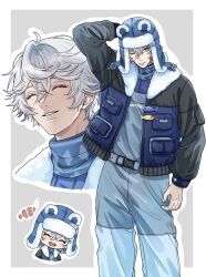  1boy animal_ear_headwear animal_ears bear_boy bear_ears bear_hat blue_eyes closed_eyes commentary_request fish fur_hat gao_grrrr hair_between_eyes hat heartopia highres male_focus one_eye_closed open_mouth short_hair simple_background smile solo vanya_(heartopia) white_hair 