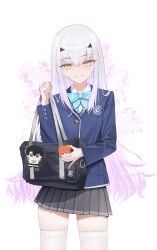  1boy 2girls absurdres blue_shirt commentary fate/grand_order fate_(series) fujimaru_ritsuka_(female) fujimaru_ritsuka_(male) highres kaworu13 long_hair looking_at_viewer melusine_(fate) multiple_girls pleated_skirt school_uniform shirt skirt smile thigh-highs white_hair white_thighhighs yellow_eyes 