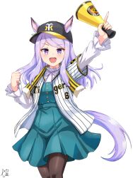 1girl absurdres animal_ears aqua_dress baseball_cap baseball_jersey black_pantyhose blush breasts casual commentary_request dress ears_through_headwear green_dress hanshin_tigers hat highres holding holding_megaphone horse_ears horse_girl horse_tail jersey layered_sleeves long_hair long_sleeves megaphone mejiro_mcqueen_(casual)_(umamusume) mejiro_mcqueen_(umamusume) open_mouth pantyhose pinafore_dress purple_hair purple_ribbon ribbon shirt short_over_long_sleeves short_sleeves simple_background sleeveless sleeveless_dress small_breasts smile solo tail umamusume violet_eyes white_background white_shirt yashimo_1875 