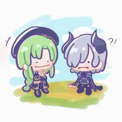  !? +++ 2girls ^_^ arms_at_sides assault_lily asymmetrical_gloves beret black_bow black_bowtie black_coat black_gloves black_hair black_horns black_jacket black_skirt blue_sky boots bow bowtie bridal_gauntlets brown_boots brown_bridal_gauntlets brown_gloves chibi chinese_commentary closed_eyes closed_mouth coat commentary_request day demon_horns elbow_gloves full_body gloves green_hair grey_background hair_over_one_eye hand_on_own_chin hands_up hat horns jacket kasa_(kasa_mayulove) long_hair long_sleeves looking_at_another miniskirt mismatched_gloves multicolored_gloves multiple_girls murakami_tokiwa open_clothes open_coat outdoors parody_request parted_bangs parted_lips pleated_skirt sekino_youko short_hair short_sleeves single_glove skirt sky smile standing two-tone_gloves very_long_hair 