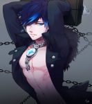  1boy abs arms_up black_hair bloody_yukime blue_eyes blue_hair chain ciel_(elsword) earrings elsword gloves grey_background jacket jewelry male multicolored_hair pillory shirtless solo two-tone_hair 