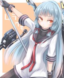 1girl bad_id bad_pixiv_id black_gloves black_pantyhose black_sailor_collar blue_hair blush breasts character_name dress fingerless_gloves floating_headgear gloves hair_ribbon headgear holding holding_weapon kantai_collection long_hair looking_at_viewer murakumo_(kancolle) neckerchief orange_eyes pantyhose polearm red_neckerchief ribbon rigging sailor_collar sailor_dress sidelocks small_breasts smile solo tokoi tress_ribbon two-tone_background very_long_hair weapon white_dress 