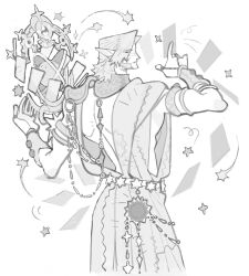  1boy astrolabe astrologian_(final_fantasy) commentary cowboy_shot elezen elf final_fantasy final_fantasy_xiv grey_hair greyscale highres jaysoysaucee male_focus monochrome parted_bangs pointy_ears robe short_hair single_shoulder_pad sketch solo urianger_augurelt vambraces white_background 