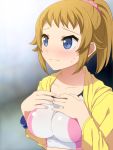  1girl blonde_hair blue_eyes blush breasts bust fujimiya_yuu gundam gundam_build_fighters gundam_build_fighters_try hands_on_own_chest hoodie hoshino_fumina ponytail solo sports_bra sweatdrop 