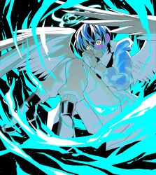  1girl absurdres angel_wings biohazard_symbol black_background black_hair black_shirt black_shoes blue_coat coat commentary commission english_commentary hair_between_eyes half_mask halo highres hood hooded_coat looking_at_viewer mask open_clothes orange_eyes own_hands_clasped own_hands_together pants rei_shimobe reverse_trap second-party_source see-through_clothes see-through_mask shirt shoes short_hair shuten_order smile white_pants wide-eyed wings yagiwashi 