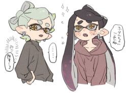  ... 2girls apologizing black_hair callie_(splatoon) commentary_request cousins dayama fangs gradient_hair green_hair highres inkling marie_(splatoon) mole mole_under_eye multicolored_hair multiple_girls open_mouth pointy_ears purple_hair sparkle speech_bubble splatoon_(series) splatoon_3 spoken_ellipsis star-shaped_pupils star_(symbol) symbol-shaped_pupils thought_bubble translation_request yellow_eyes 