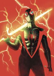  1boy black_bodysuit bodysuit comic_cover commentary cover cover_page covered_abs covered_collarbone covered_pectorals cowboy_shot electricity electrokinesis english_commentary highres holding holding_sword holding_weapon initial looking_at_viewer male_focus marvel mask muscular muscular_male official_art pectorals red_background red_trim solo spider-man_(miles_morales) spider-man_(series) spider_web_print superhero_costume sword taurin_clarke textless_version weapon 