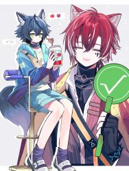  2boys animal_ear_piercing animal_ears apple arknights bag baoshi_xiao_niao bellone_(arknights) black_hair black_shirt blue_hair blue_jacket blue_shorts blue_socks border checkmark closed_eyes crazy_straw diamond_(shape) diamond_facial_mark dog_tags drinking_straw facial_mark food fruit grey_background head_tilt heart_straw highres holding holding_jar holding_sign hood hooded_jacket infection_monitor_(arknights) jacket jacket_on_shoulders jar letterboxed looking_at_viewer male_focus multicolored_hair multiple_boys official_alternate_costume open_clothes open_jacket open_mouth outline red_hair red_jacket shirt shoes short_hair shorts sign simple_background sitting smile socks speech_bubble streaked_hair tail vigil_(arknights) vigil_(the_other_side_of_siracusa)_(arknights) white_border white_hair white_shoes wolf_boy wolf_ears wolf_tail yellow_eyes yellow_shirt 