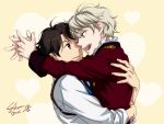  2boys aldnoah.zero blue_eyes brown_hair epaulettes heart holster hug kaizuka_inaho multiple_boys necktie one_eye_closed open_mouth red_eyes shirt short_hair silver_hair slaine_troyard smile yaoi 