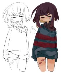  1girl androgynous bandages bandaid bandaid_on_knee bandaid_on_leg blush closed_eyes collared_shirt commentary_request cropped_legs frisk_(undertale) highres long_sleeves mr0x0 multiple_girls shirt shorts simple_background striped_clothes striped_shirt striped_sweater sweater undertale utdr_(toby_fox) white_background 