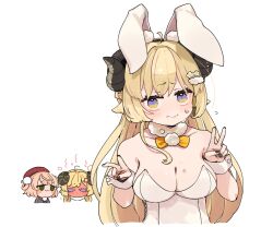  ahoge animal_ears black_leotard blonde_hair blush breasts commentary detached_collar fake_animal_ears full-face_blush hair_ornament hairclip highres hololive horns large_breasts leotard long_hair looking_at_viewer mota multiple_girls playboy_bunny rabbit_ears rabbit_tail sheep_ears sheep_girl sheep_horns shigure_ui_(vtuber) smile strapless strapless_leotard tail tsunomaki_watame untranslatable_commentary violet_eyes virtual_youtuber wrist_cuffs 