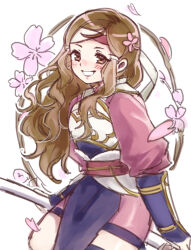  1girl armor brown_eyes brown_hair eggmiso66 fire_emblem fire_emblem_fates hana_(fire_emblem) headband highres japanese_armor japanese_clothes long_hair looking_at_viewer samurai solo white_armor white_headband 
