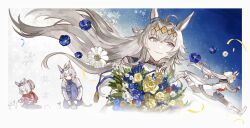  1girl age_progression ahoge animal_ears black_pantyhose blue_eyes blue_pants blue_sailor_collar blue_skirt boots bouquet brooch chinese_commentary closed_mouth commentary_request ear_ornament flower grey_hair grey_tail hair_between_eyes hairband highres holding holding_bouquet horse_ears horse_girl horse_tail jacket jewelry kasamatsu_tracen_training_uniform long_hair long_sleeves multicolored_hair multicolored_jacket nanjiaobeiyuan neckerchief oguri_cap_(starlight_beat)_(umamusume) oguri_cap_(umamusume) pants pantyhose pink_sweater pleated_skirt ponytail purple_jacket purple_pants purple_track_suit red_neckerchief red_scarf running sailor_collar scarf shirt skirt smile snowflakes star_brooch sweater tail track_jacket track_pants track_suit two-tone_jacket tying_footwear umamusume umamusume:_cinderella_gray white_boots white_jacket white_shirt 