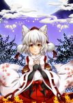  1girl animal_ears blush breasts bridal_gauntlets detached_sleeves fingerless_gloves full_moon gloves hand_on_own_chest hat highres inubashiri_momiji looking_at_viewer moon open_mouth orange_eyes pom_pom_(clothes) ribbon-trimmed_sleeves ribbon_trim short_hair silver_hair solo tokin_hat touhou wolf_ears yozuki_shokora 