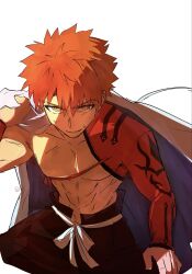  1boy abs cape emiya_shirou fate/grand_order fate_(series) highres male_focus nedameman orange_hair senji_muramasa_(fate) single_bare_shoulder solo toned toned_male unworn_cape white_cape 
