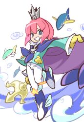  +_+ 1boy anchor blue_boots blue_cape blue_eyes boots cape commentary_request crown fins fish flying_fish fur-trimmed_cape fur_trim gloves grey_crown highres holding holding_polearm holding_weapon looking_at_viewer medium_hair motimoti_mgmg ocean_prince pants pink_hair pointed_crown polearm purple_cape puyopuyo puyopuyo_quest salde_canarl_shellbrick_iii salde_canarl_shellbrick_iii_(king) shell sidelocks smile splashing standing standing_on_one_leg trident twitter_username two-tone_cape watermark waves weapon white_background white_pants yellow_gloves 