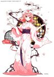  1girl blush breasts cherry_blossoms floral_print hat ideolo japanese_clothes kimono looking_at_viewer obi off_shoulder pink_hair red_eyes saigyouji_yuyuko sash short_hair simple_background smile solo touhou triangular_headpiece white_background 