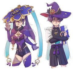  1boy 1girl arm_at_side artist_name belt black_belt black_bodysuit black_bow black_bridal_gauntlets black_choker black_shorts blue_cape blue_eyes blue_gem blue_hat blue_jingasa blue_kimono blunt_ends bodysuit bow bridal_gauntlets brooch cape capelet choker choppy_bangs clenched_hand closed_mouth cowboy_shot crescent crescent_hat_ornament cropped_legs crossed_arms detached_sleeves earrings elbow_gloves eyeliner feathers fur-trimmed_capelet fur_trim furisode furrowed_brow gem genshin_impact gloves gold gold_earrings gold_ring gold_trim grey_gloves hair_between_eyes hakama hakama_shorts hand_up hat hat_ornament hat_tip headwear_switch highres japanese_clothes jewelry jingasa juban kimono leotard light_blush light_frown long_hair looking_at_another makeup middle_ring mona_(genshin_impact) mona_(pact_of_stars_and_moon)_(genshin_impact) open_clothes open_kimono pink_lips ponytail_holder purple_capelet purple_hair purple_leotard purple_rope purple_sash purple_sleeves purple_thighhighs red_eyeliner riina_606 rope sash scaramouche_(genshin_impact) short_sleeves shorts shoulder_peek side_cape sidelocks sideways_glance smile star_(symbol) star_brooch star_choker star_earrings star_hat_ornament tassel thigh-highs tilted_headwear turtleneck turtleneck_bodysuit twintails violet_eyes vision_(genshin_impact) wanderer_(genshin_impact) wavy_mouth white_background white_kimono white_sleeves witch_hat yellow_feathers 