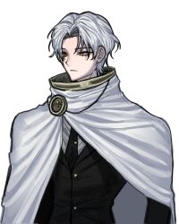  1boy black_necktie black_suit cape closed_mouth commentary_request hagi0855 highres index_(identity)_(project_moon) korean_commentary limbus_company looking_to_the_side male_focus necktie project_moon rien_(project_moon) short_hair simple_background solo suit upper_body white_background white_cape white_hair yellow_eyes 