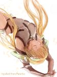  1girl angela_balzac arms_up blonde_hair breasts bust closed_eyes copyright_name ear_piercing expelled_from_paradise hair_ornament highres impossible_leotard leotard long_hair looking_away low_twintails piercing sadoxi11 solo twintails upside-down very_long_hair white_background 