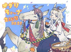  1girl ahoge animal_ears blue_eyes blue_hakama blush bowl chopsticks closed_eyes commentary_request creature_and_personification ear_ornament food food_in_mouth giragira_egao grey_hair grey_tail hair_between_eyes hair_ornament hairband hakama happy highres holding holding_bowl holding_chopsticks horse horse_ears horse_girl horse_tail horseback_riding japanese_clothes kimono long_hair long_sleeves mochi mochi_trail multicolored_hair oguri_cap_(racehorse) oguri_cap_(umamusume) one_eye_closed personification real_life riding tail tongue tongue_out umamusume white_kimono 