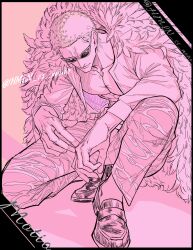  1boy blonde_hair coat commentary_request donquixote_doflamingo feather_coat frown highres hmln_ss_motio male_focus muscular muscular_male on_one_knee one_piece open_clothes open_shirt pectorals pink_coat pink_theme short_hair sunglasses twitter_username 