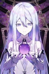  1girl absurdres apple armpit_crease bare_shoulders black_nails blue_eyes breasts buttons closed_mouth collared_shirt commentary detached_sleeves dot_nose eyelashes fingernails food frilled_shirt_collar frills fruit hair_between_eyes highres long_hair long_sleeves looking_at_food moonpe_3v3 nail_polish necktie official_alternate_costume project_sekai purple_theme shirt sidelocks sleeveless sleeveless_shirt small_breasts smile solo upper_body utakata_ni_idakarete_(project_sekai) very_long_hair white_hair white_necktie white_shirt yoisaki_kanade 