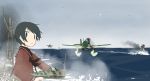  3girls ahoge aircraft black_hair flight_deck imai_tetsuya kantai_collection kuma_(kantai_collection) machinery mogami_(kantai_collection) multiple_girls ocean school_uniform serafuku short_hair smoke waves 