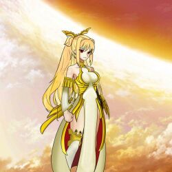  1girl alternate_design artist_request bare_shoulders blonde_hair breasts clenched_hand collar commentary detached_sleeves dress english_commentary fake_wings fate_(series) feet_out_of_frame gold_collar gold_trim hair_intakes hair_ornament high_ponytail ishtar_(fate) kneehighs long_hair looking_at_viewer low_wings medium_breasts ornate_clothes pelvic_curtain ponytail red_dress red_eyes redesign second-party_source sidelocks sky socks solo source_request two-sided_dress two-sided_fabric watermark white_dress wings 