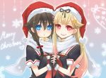  2girls :d :o black_gloves blonde_hair blue_eyes braid brown_hair christmas commentary fingerless_gloves gloves gradient_hair hair_flaps hair_ornament hair_ribbon hairclip hat highres holding_hands kantai_collection long_hair merry_christmas mikan_(artist) multicolored_hair multiple_girls neckerchief necktie open_mouth red_eyes ribbon santa_hat scarf school_uniform serafuku shared_scarf shigure_(kantai_collection) single_braid smile the_yuudachi-like_creature white_scarf yuudachi_(kantai_collection) 