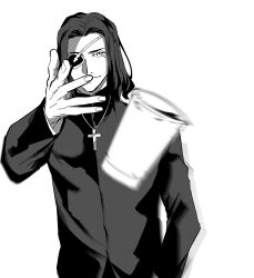  1boy commentary_request cross cross_necklace cup disposable_cup eyepatch fate/strange_fake fate_(series) greyscale hansa_cervantes highres inverted_cross inverted_cross_necklace iz_(izit_unk) jacket jewelry latin_cross long_sleeves looking_at_viewer male_focus medium_hair meme mole mole_under_eye monochrome motion_blur necklace parted_hair priest simple_background smile upper_body woe_plague_be_upon_ye_(meme) 
