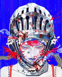  1girl amano_yoshitaka_(style) armor blood blood_splatter blue_background blue_eyes blue_lips bug chin_guard colored_eyelashes colored_skin highres looking_at_viewer medium_hair mole mole_under_eye nosebleed original ornate_armor portrait rain red_hair rexpo solo spaghetti_strap sparkle_print swept_bangs teardrop wavy_hair white_skin 