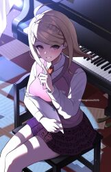  1girl ahoge akamatsu_kaede blonde_hair breasts collared_shirt commentary_request danganronpa_(series) danganronpa_v3:_killing_harmony doughnut_(smmp4848) hair_ornament highres instrument large_breasts long_hair long_sleeves looking_at_viewer musical_note musical_note_hair_ornament necktie piano pink_sweater_vest pleated_skirt shirt skirt smile sweater_vest white_shirt 