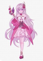  1girl bare_shoulders black_shoes blue_eyes breasts closed_mouth collarbone detached_sleeves dress flower full_body grey_hair grimms_notes hair_between_eyes hair_ornament highres holding holding_wand long_hair polka_dot polka_dot_background protected_link red_flower red_rose rose rose_fairy_unfan_(grimms_notes) rouge_bonheur_(grimms_notes) shoes smile solo standing very_long_hair wand wide_sleeves zz0m1cnd0inzv2x 