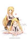  2girls age_difference blonde_hair blush breasts cleavage crossed_legs dual_persona erementa fate_testarossa fate_testarossa_(younger) hand_on_another&#039;s_head heart highres kneeling long_hair lyrical_nanoha mahou_shoujo_lyrical_nanoha multiple_girls older pajamas panties smile twintails underwear 