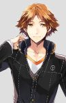  1boy brown_eyes brown_hair bust grey_background hanamura_yousuke headphones headphones_around_neck kuroemon persona persona_4 school_uniform short_hair solo v-neck 