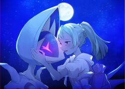  1girl aqua_eyes backpack bag blonde_hair braid commentary_request from_side hands_up harutao_(mecz5525) hood hood_down hooded_shirt lillie_(pokemon) lunala moon night open_mouth outdoors pokemon pokemon_(creature) pokemon_sm ponytail shirt short_sleeves sky tearing_up upper_body white_shirt 