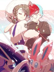  2girls :d absurdres black_sclera blue_background blue_eyes blue_hair border bow braid bright_pupils brown_eyes brown_hair collared_shirt colored_sclera fangs fukkatsu_no_maya grey_eyes grey_hoodie hat highres hood hoodie juliana_(pokemon) long_hair long_sleeves looking_at_viewer miraidon multicolored_hair multiple_girls necktie non-humanoid_robot one_eye_closed open_mouth penny_(pokemon) pink_fur pokemon pokemon_(creature) pokemon_sv purple_necktie purple_shorts red_hair ribbon robot robot_dragon round_eyewear school_uniform shirt short_hair short_sleeves shorts simple_background smile standing sweatdrop sylveon two-tone_hair upper_body uva_academy_school_uniform v white_border white_fur white_hat white_pupils white_shirt 