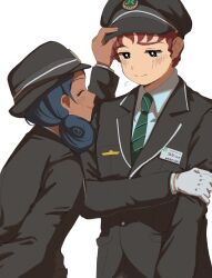  1boy 1girl ^_^ adjusting_another's_headwear amuro_ray black_eyes black_hair black_hat black_jacket black_pants blush brown_hair closed_eyes collared_shirt commentary dark-skinned_female dark_skin double_bun facing_another flying_sweatdrops gloves green_necktie gundam hair_bun hand_on_own_arm hat highres jacket japan_railways lalah_sune lapels looking_at_another makuramoto_(5ma6gicha) mobile_suit_gundam name_tag necktie notched_lapels pants shirt short_hair simple_background smile striped_clothes striped_necktie train_conductor white_background white_gloves white_shirt wing_collar 
