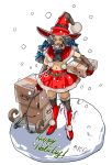  1girl amazon_(company) boots bow box capelet christmas delivery elbow_gloves fur_trim gloves grey_hair hair_bow hat highres joey_joey_joey low_twintails midriff mouth_hold original santa_costume sled snow solo thigh-highs thigh_boots twintails witch_hat 