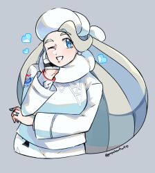  1girl blue_eyes breasts commentary cropped_torso dynamax_band earrings fur_collar fur_hat graysheartart grin hat jewelry large_breasts long_hair long_sleeves mature_female melony_(pokemon) multicolored_hair one_eye_closed pearl_earrings pokemon pokemon_swsh ring smile solo streaked_hair sweater ushanka wedding_ring white_hat white_sweater 