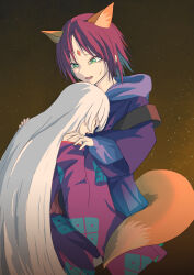 2girls absurdres animal_ears blue_hair blue_hoodie blue_kimono cho_kaguya-hime! closed_eyes commentary_request crying crying_with_eyes_open fox_ears fox_girl fox_tail green_eyes haide1657 highres hood hood_down hoodie hug japanese_clothes kimono long_hair long_sleeves male_focus multiple_girls open_mouth partial_commentary runami_yachiyo sakayori_iroha star_(sky) starry_sky_background tail tears white_hair 