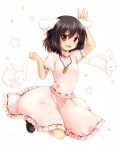  1girl animal_ears arm_up black_hair black_shoes blouse blush carrot_necklace clenched_hand frilled_skirt frills full_body inaba_tewi jumping looking_at_viewer nnyara open_mouth pink_skirt puffy_short_sleeves puffy_sleeves rabbit rabbit_ears red_eyes ribbon-trimmed_skirt ribbon-trimmed_sleeves ribbon_trim short_hair short_sleeves simple_background skirt skirt_set smile solo star touhou white_background 