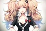  1girl animal_hair_ornament bear_hair_ornament blonde_hair blue_eyes bow breasts choker cleavage dangan_ronpa dangan_ronpa_1 enoshima_junko hair_ornament hands_on_hips long_hair necktie sleeves_rolled_up smile solo spoilers twintails z-epto_(chat-noir86) 