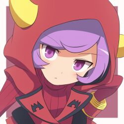  1girl border closed_mouth commentary_request courtney_(pokemon) curakuru highres hood hood_up horned_hood horns long_sleeves looking_at_viewer pokemon pokemon_oras purple_hair red_background red_sweater ribbed_sweater simple_background solo sweater turtleneck turtleneck_sweater upper_body v-shaped_eyebrows violet_eyes white_border 