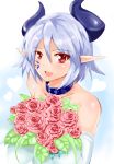  1girl bare_shoulders blue_hair blush bouquet collar demon_girl dress elbow_gloves flower gloves horns looking_at_viewer monster_girl monster_girl_encyclopedia open_mouth pointy_ears red_eyes short_hair smile solo succubus succubus_(monster_girl_encyclopedia) succubus_wilmarina wedding_dress yu_(yoki) 